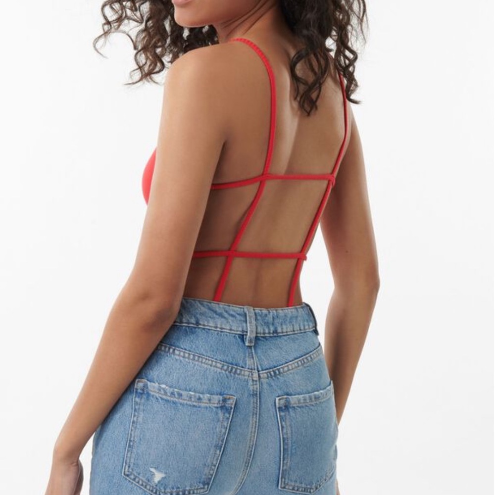 Garage red ribbed cage-back bodysuit